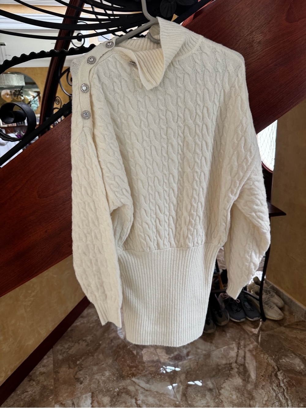 Retrofête Cream Cable Knit Mini Dress with Crystal Shoulder Buttons